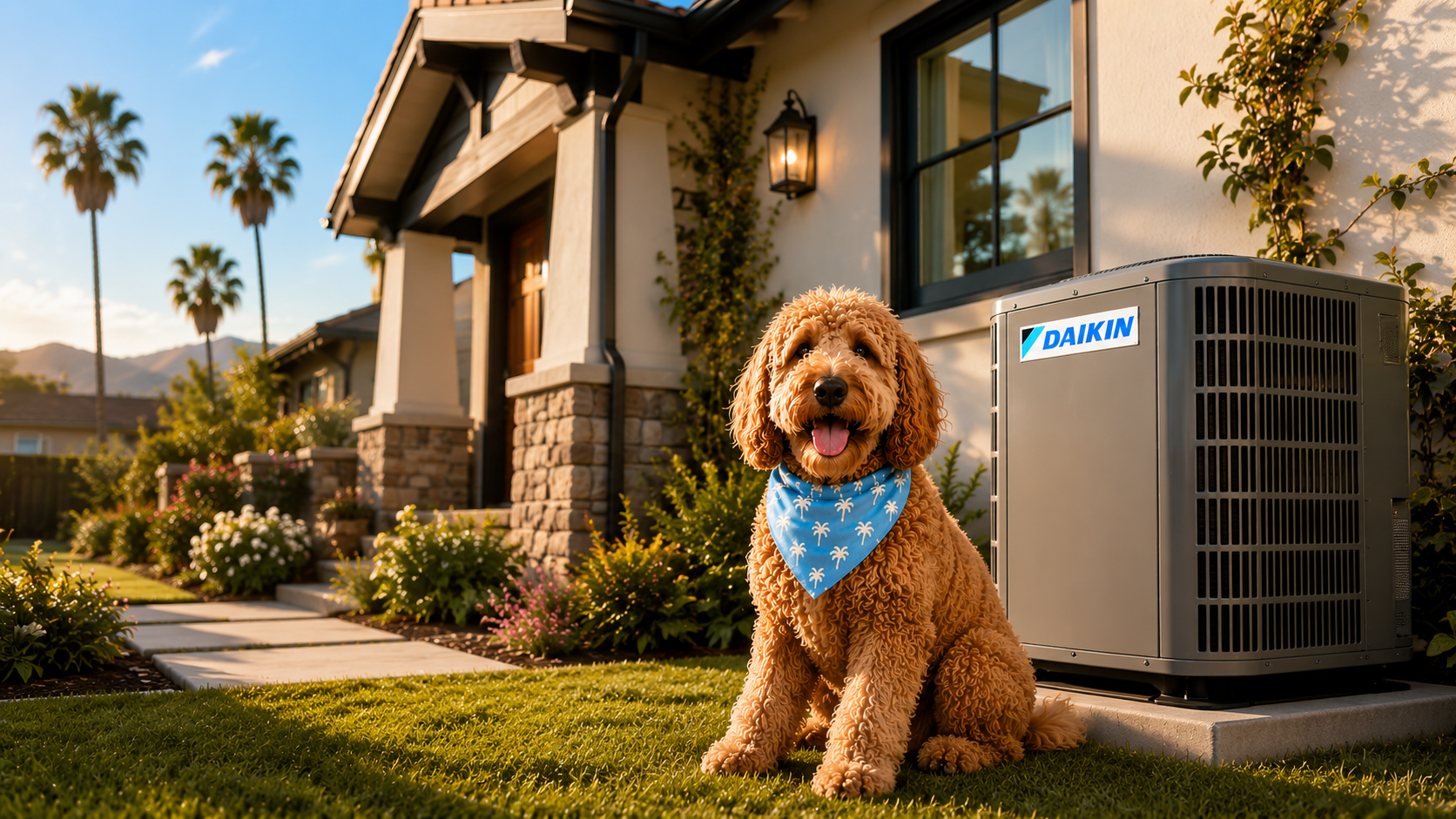 Daikin outdoor AC unit beside a modern LA home with skyline at sunset