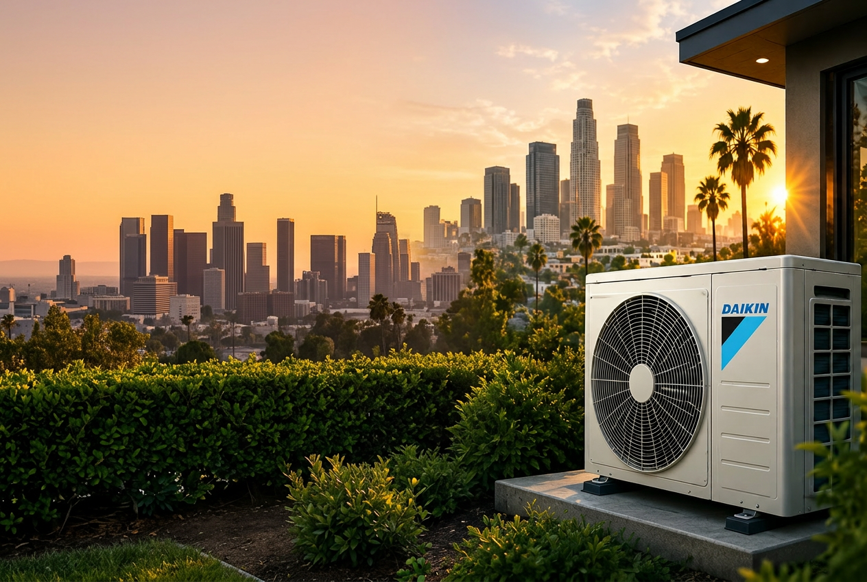 Daikin outdoor AC unit beside a modern LA home with skyline at sunset